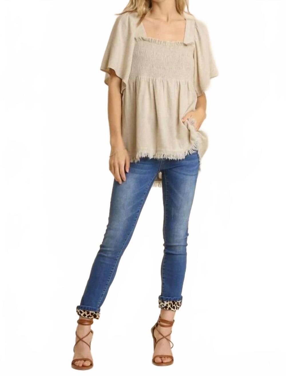 NEW UMGEE aria linen blend smocked top in oatmeal